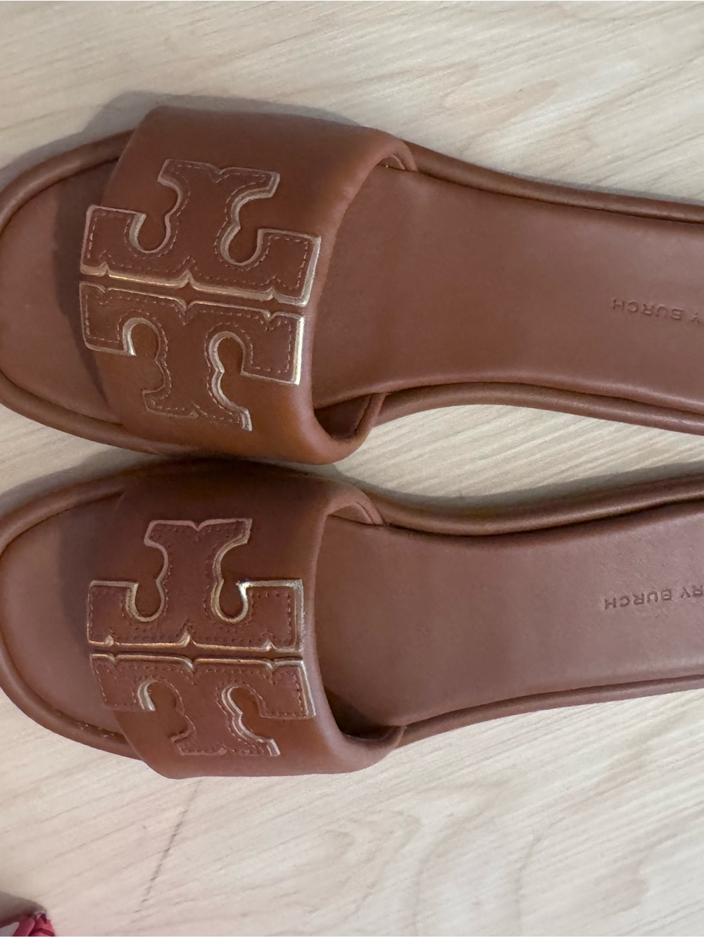 Tory Burch Cognac Leather Logo Slide Sandals